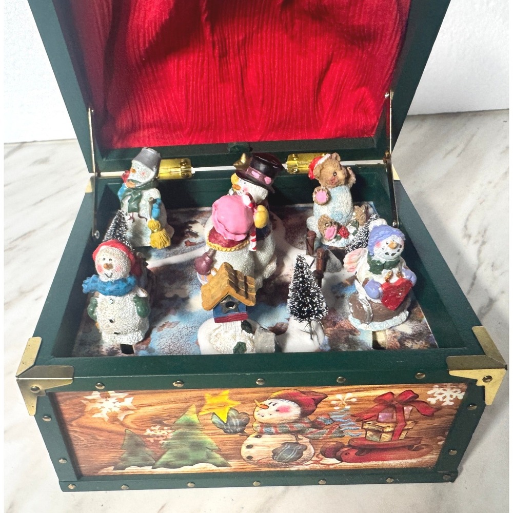 Vintage Christmas Musical Jewelry Box Wooden Snowman Trunk Wind Up Decor